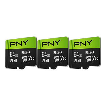 PNY 64GB Elite-X Class 10 U3 V30 microSDXC Flash Memory Card, 3 Count (Pack of 1) - 100MB/s, Class 10, U3, V30, A1, 4K UHD, Full HD, UHS-I, Micro SD