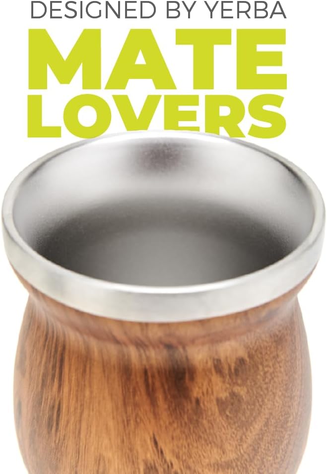 BALIBETOV Edelstahl-Doppelwand-Mate-Becher- und Bombilla-Set – Yerba-Mate-Set beinhaltet einen Yerba-Mate-Becher, 2 Bombillas Mate (Strohhalm) und eine Bürste – leicht zu reinigen (Holz)