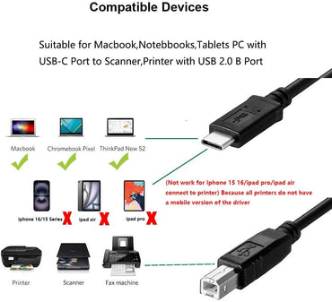 Typ-C-Druckerkabel kompatibel mit MacBook Pro, MacBook Air, M1 Mac Pro, iMac Pro, USB-C-auf-USB-B-Drucker-/Scannerkabel für HP, Canon, Brother, Epson, Samsung, Pantum, 2 Meter