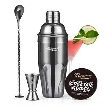 Cocktailshaker, KITESSENSU 710-ml-Drinkshaker mit Barsieb, Messbecher, Barlöffel, Cocktailrezepten, professionellem Drinkmixer-Set für Anfänger, Silber