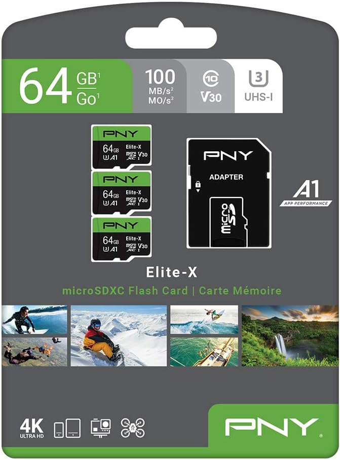 PNY 64GB Elite-X Class 10 U3 V30 microSDXC Flash Memory Card, 3 Count (Pack of 1) - 100MB/s, Class 10, U3, V30, A1, 4K UHD, Full HD, UHS-I, Micro SD