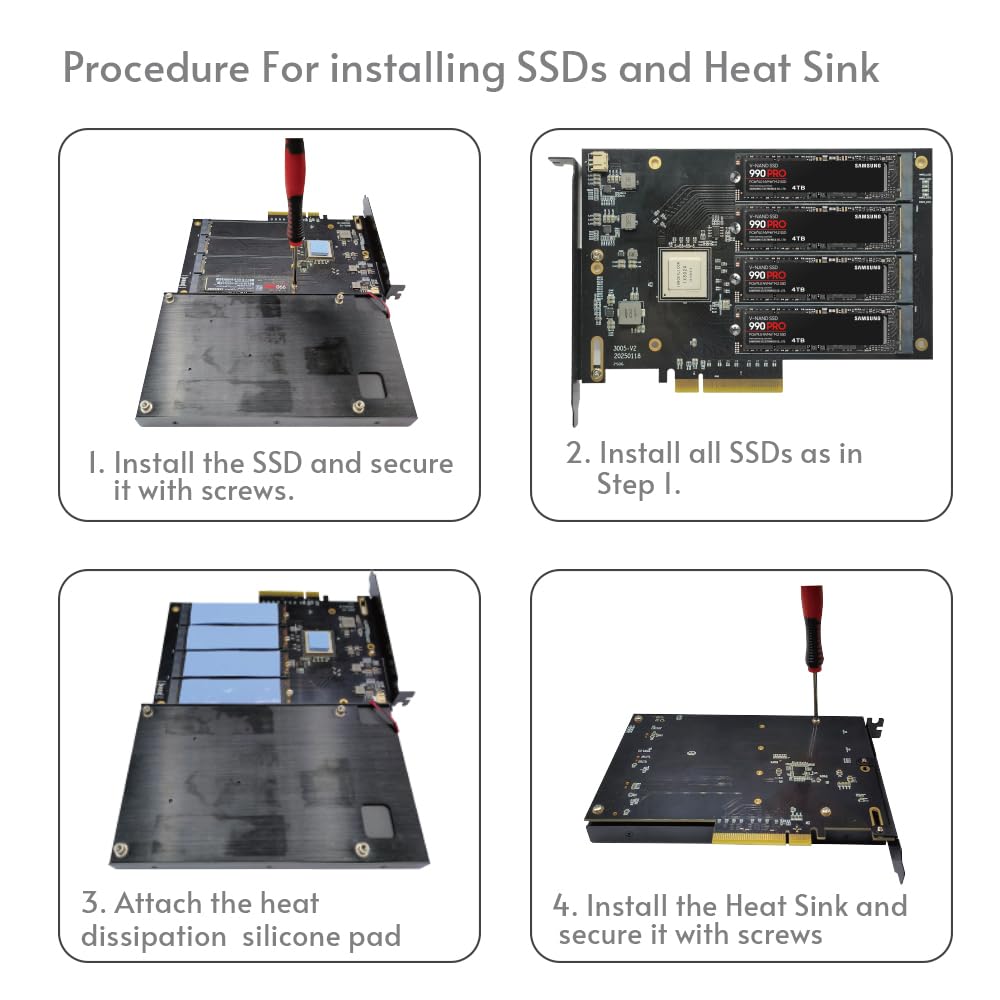 Quad PCIe4.0 NVMe M.2 SSD-Adapterkarte – PCI Express 4.0 x8-Karte unterstützt 4x M.2 NGFF PCIe NVMe SSDs für Mac & PC (IX8024-Switch) – Unterstützt Mainboards ohne Bifurkation (3005K)