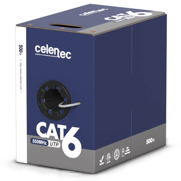 Celertec CAT6 Ethernet-Kabel, 152,4 m (500 ft), 23 AWG massives blankes Kupfer, ungeschirmte verdrillte Adernpaare (UTP), 550 MHz, ETL-gelistet und CMR-zertifiziert, für Innenräume, Ethernet-Kabel (Meterware) – Schwarz