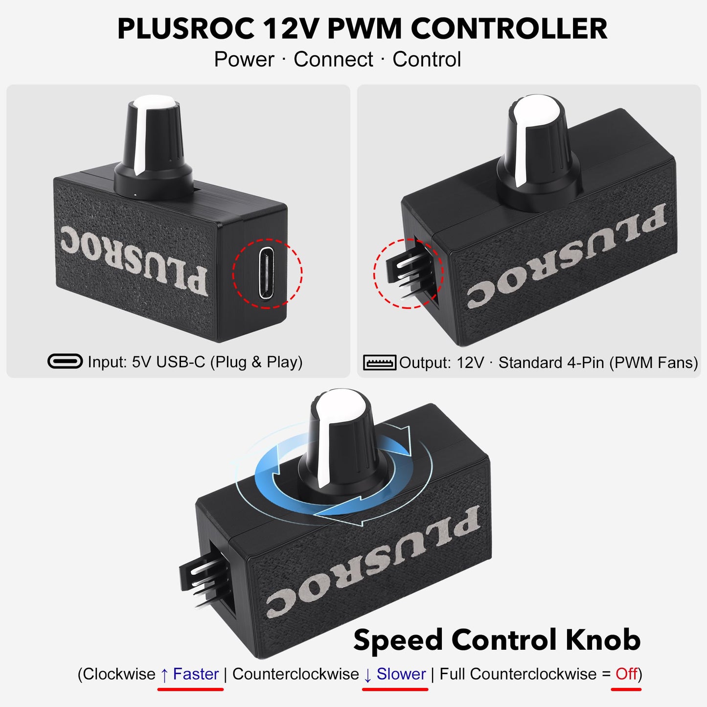 PlusRoc 12V PWM PC-Lüftersteuerung mit USB Typ-C Stromkabel & 4-Pin 4-Wege Lüfter-Hub-Splitter, DC 12V Lüfterdrehzahlregler, 8W Ausgangsleistung (Lite)