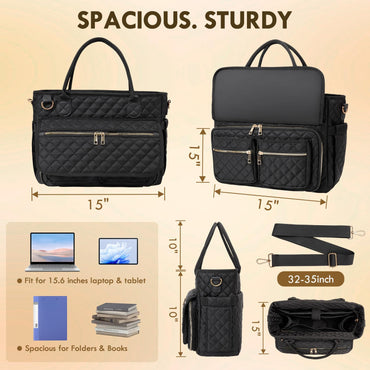 Große Lehrertasche (39,6 cm), geräumige Arbeitstasche mit Laptopfach, gesteppte Umhängetasche mit Schultergurt für Büro, Reisen, Schule und Pflegebedarf, Schwarz