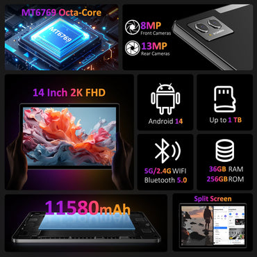 POWMUS Tablets 2025 14 inch Android 14 Tablet, 36GB RAM, 256GB Storage(Expand to 1TB), 2K Display, 8 Core CPU, 11580mAh Battery,4 Speakers, WiFi 5GHz Tablet with Pen Case-Black
