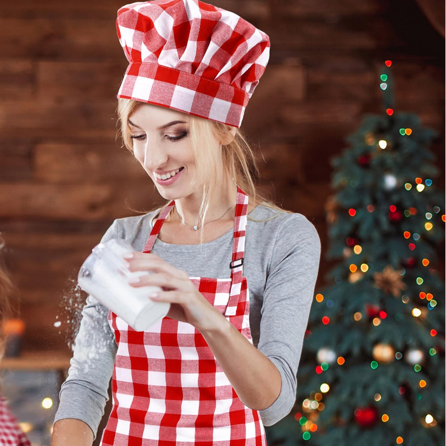 SATINIOR 2-teiliges Kochkostüm für Damen und Herren, Kochmütze und Schürzen-Set für Erwachsene, Bäckerschürze und -mütze für Koch-Cosplay (Rot, Weiß, Karomuster)