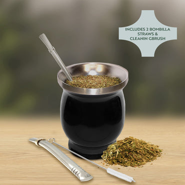 Norte Yerba Mate Tassen-Set, 237 ml (8 oz) Traditionelles Mate-Tee-Tassen-/Kalebasse-Set | Inklusive 2 Bombillas (Yerba-Mate-Strohhalm) & Reinigungsbürste, Edelstahlbecher, doppelwandig, leicht zu reinigen | Schwarz