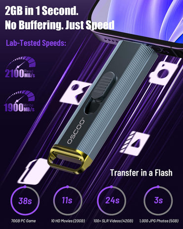 OSCOO 1 TB Portable SSD, bis zu 2100 MB/s, unterstützt Apple 4K 60fps ProRes, externe Festplatte USB 3.2 mit USB-C & A für iPhone 15/16/17, Android, Mac & PC, ideal für Fotografen und Content Creator