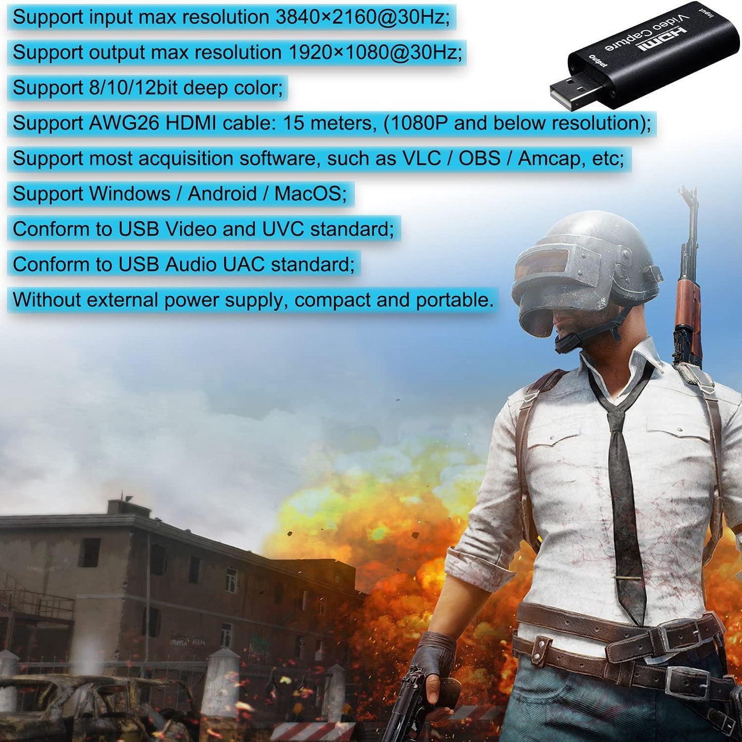 BlueAVS HDMI-zu-USB-Videoaufnahmekarte 1080P für Live-Video-Streaming und Aufnahmen über DSLR-Camcorder und Action-Cam (Schwarz)