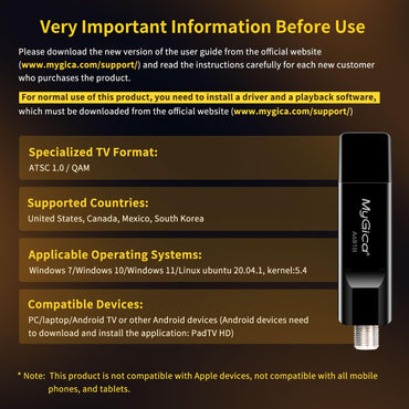Mygica A681B USB 2.0 TV-Tunerkarte, ATSC HD Digital Externer HDTV-Tuner-Stick-Dongle-Adapter für Windows-PC, Laptop und Android-TV – Schwarz