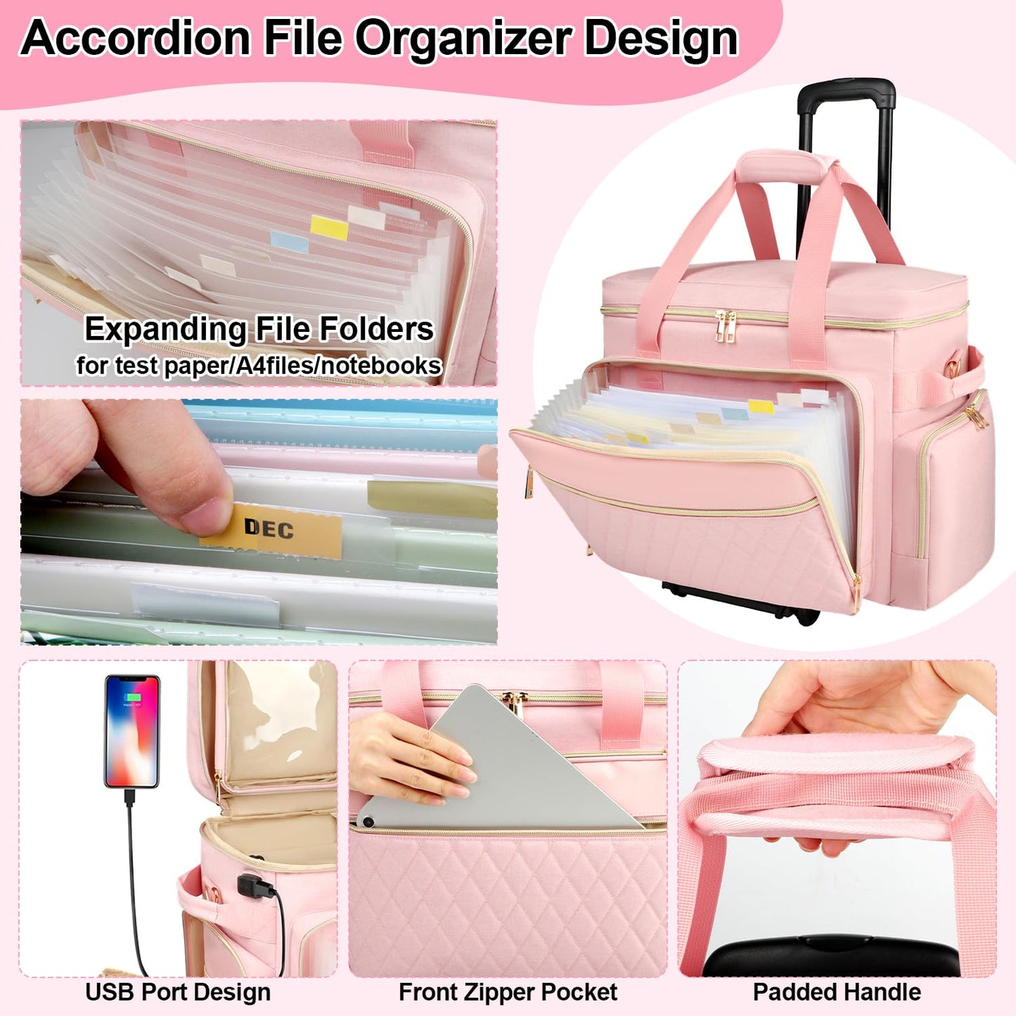 SIYNPAV Rollende Lehrertasche mit Akkordeon-Aktenorganizer, USB-Anschluss und 15,6-Zoll-Laptopfach, rollbare Lehrertasche mit abnehmbarem Trolley zur Aufbewahrung von Unterrichts- und Büromaterialien (Pink)