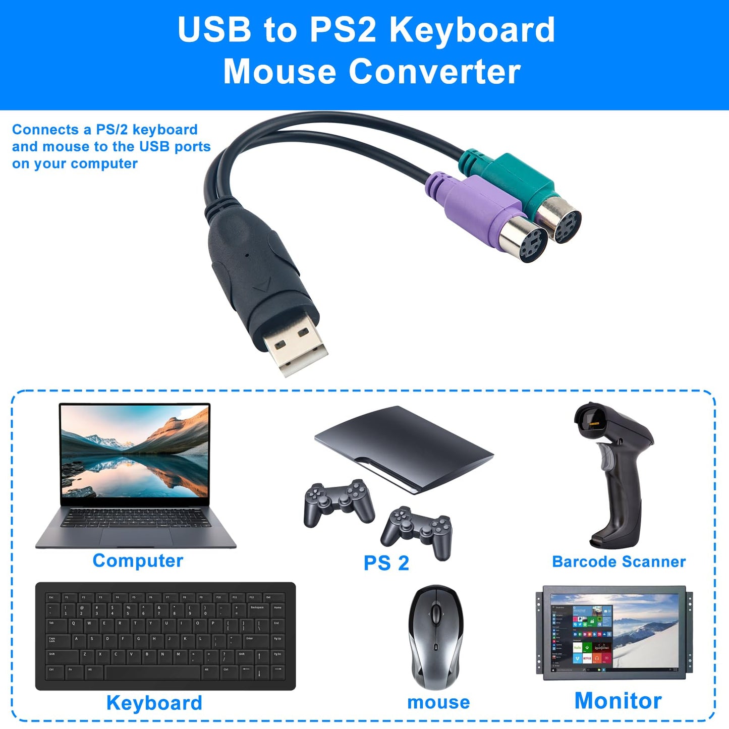 PS/2-zu-USB-Adapter, automatische Installation, USB-Tastatur-Monitor-Laptop-Barcodescanner-Maus-Adapter-Konverter