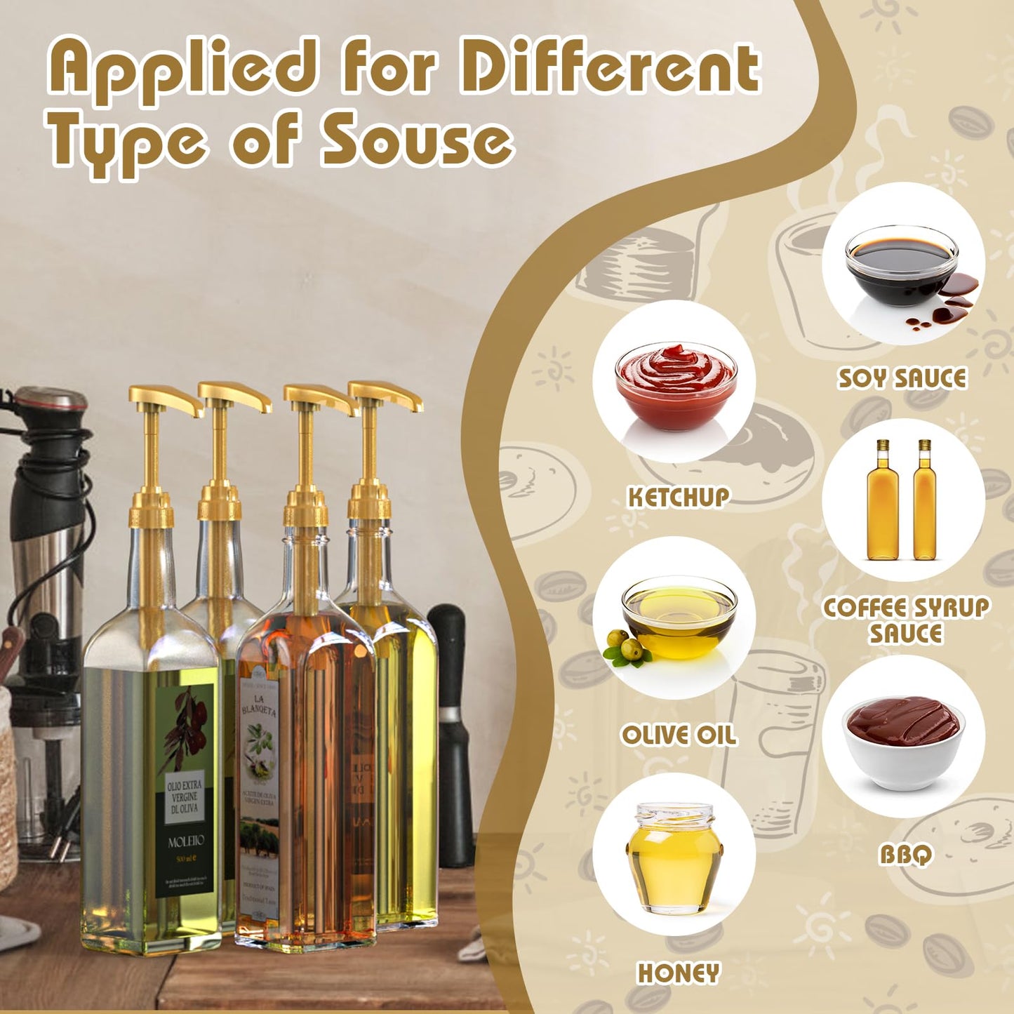 Neosoge Coffee Syrup Pump Dispenser, 4 Packs of Syrup Pump for 750ml/25.4 oz Syrup Bottle, Gold Pumps for Coffee Syrup Bottle, works with Torani, DaVinci, Jordans Skinny 750ml Syrups Bottles (Gold)