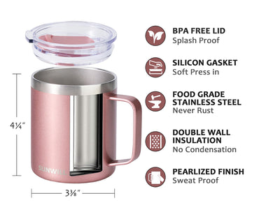 SUNWILL Reisebecher mit Deckel, isolierter Becher mit Henkel, 414 ml Edelstahlbecher für Eis, Wasser, Tee, Roségold