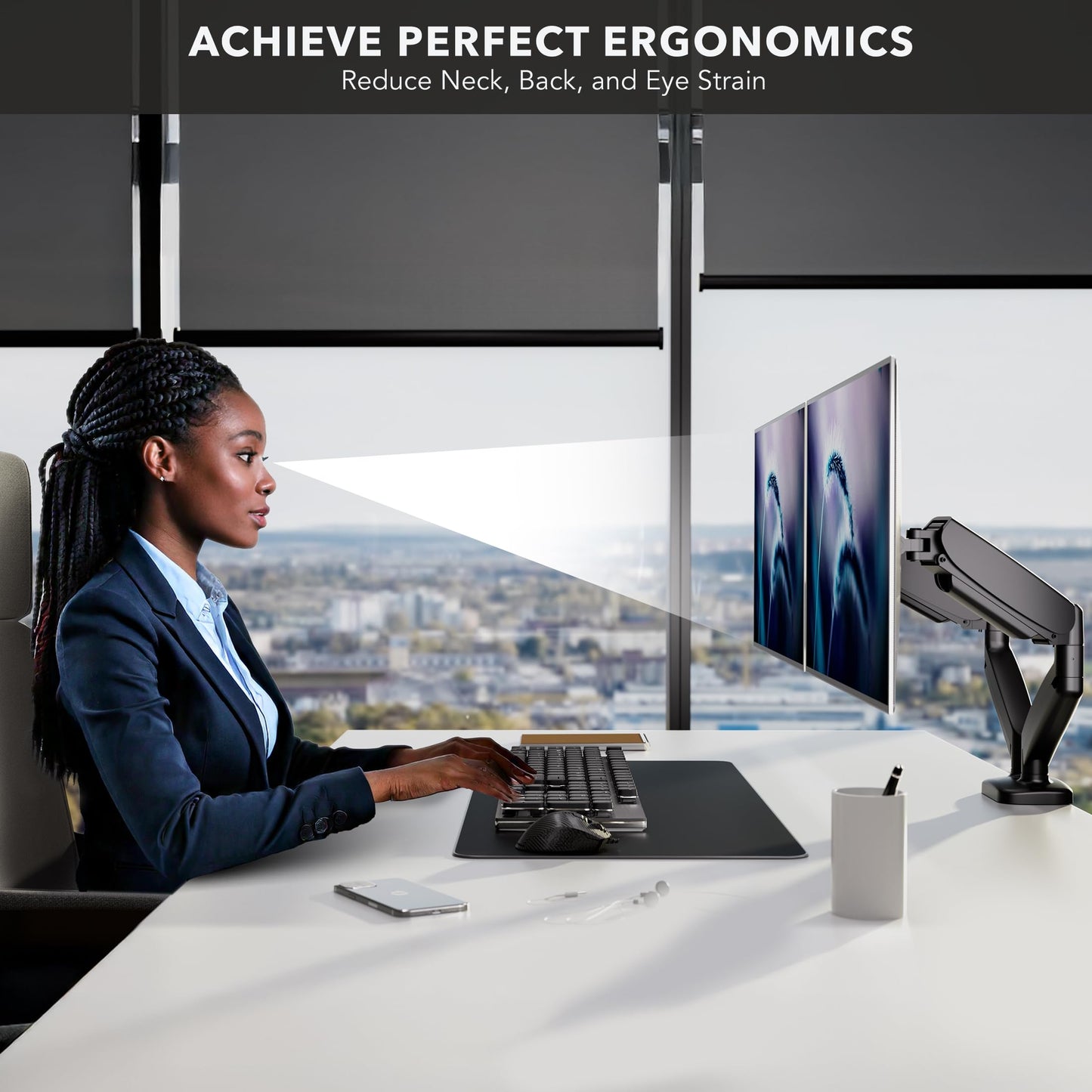 Mount-It! Doppelmonitor-Tischhalterung – Voll bewegliche Gasfederarme, geeignet für Bildschirme von 13 bis 32 Zoll, Tragkraft 8 kg pro Arm, Doppelmonitorständer, VESA-Halterung, C-Klemme und Kabeldurchführung