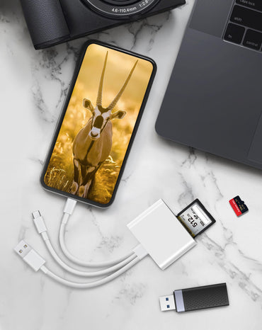SD-Kartenleser für iPhone, iPad und Mac, Lightning-, USB-C- und USB-A-3-in-1-Speicherkartenadapter, unterstützt SD/MicroSD/USB OTG, Hochgeschwindigkeits-Kartenleser für Wildkameras, tragbar, keine App erforderlich, Plug & Play