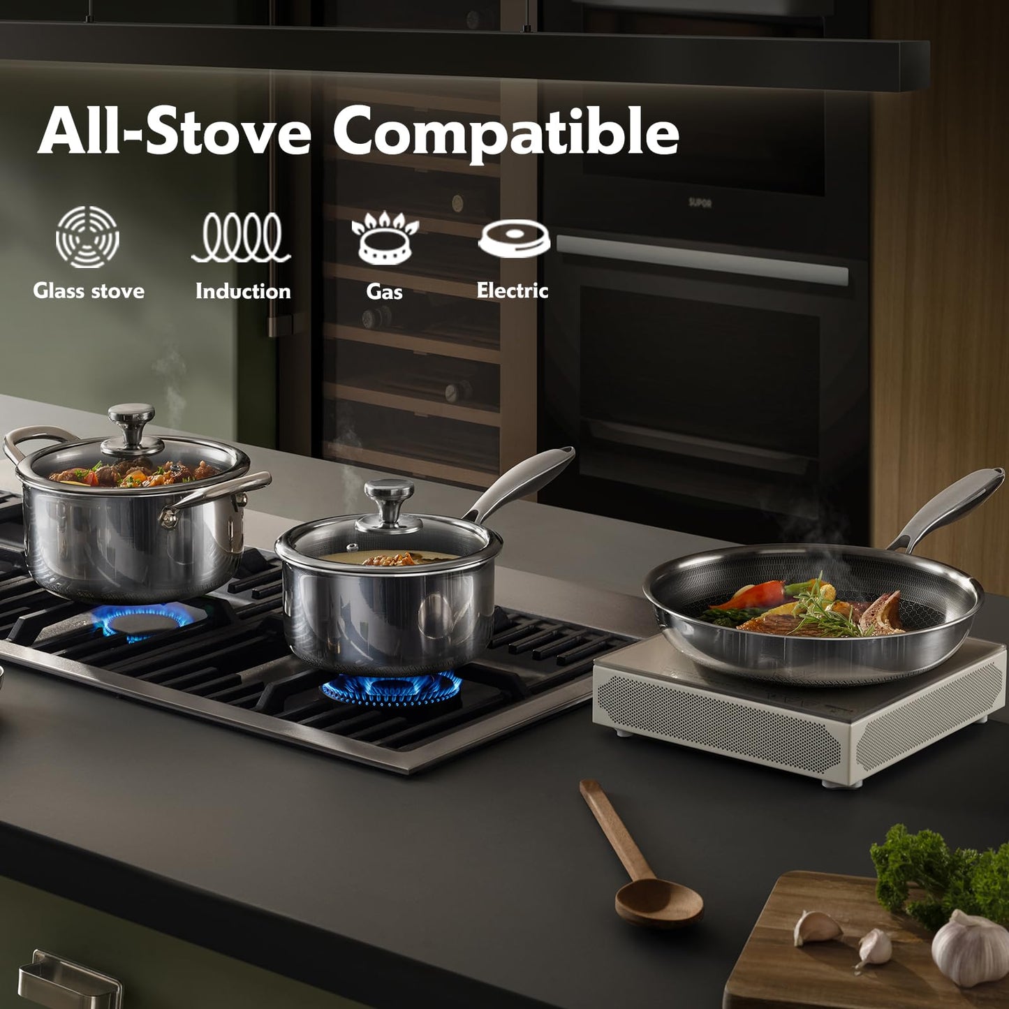 TalingMA Antihaft-Topf- und Pfannenset, 10-teiliges Hybrid-Edelstahl-Kochgeschirrset mit Deckeln, Bratpfanne, Suppentopf, Antihaft-Bratpfanne, PFOA-freie Küchenutensilien, induktionsgeeignet, spülmaschinenfest