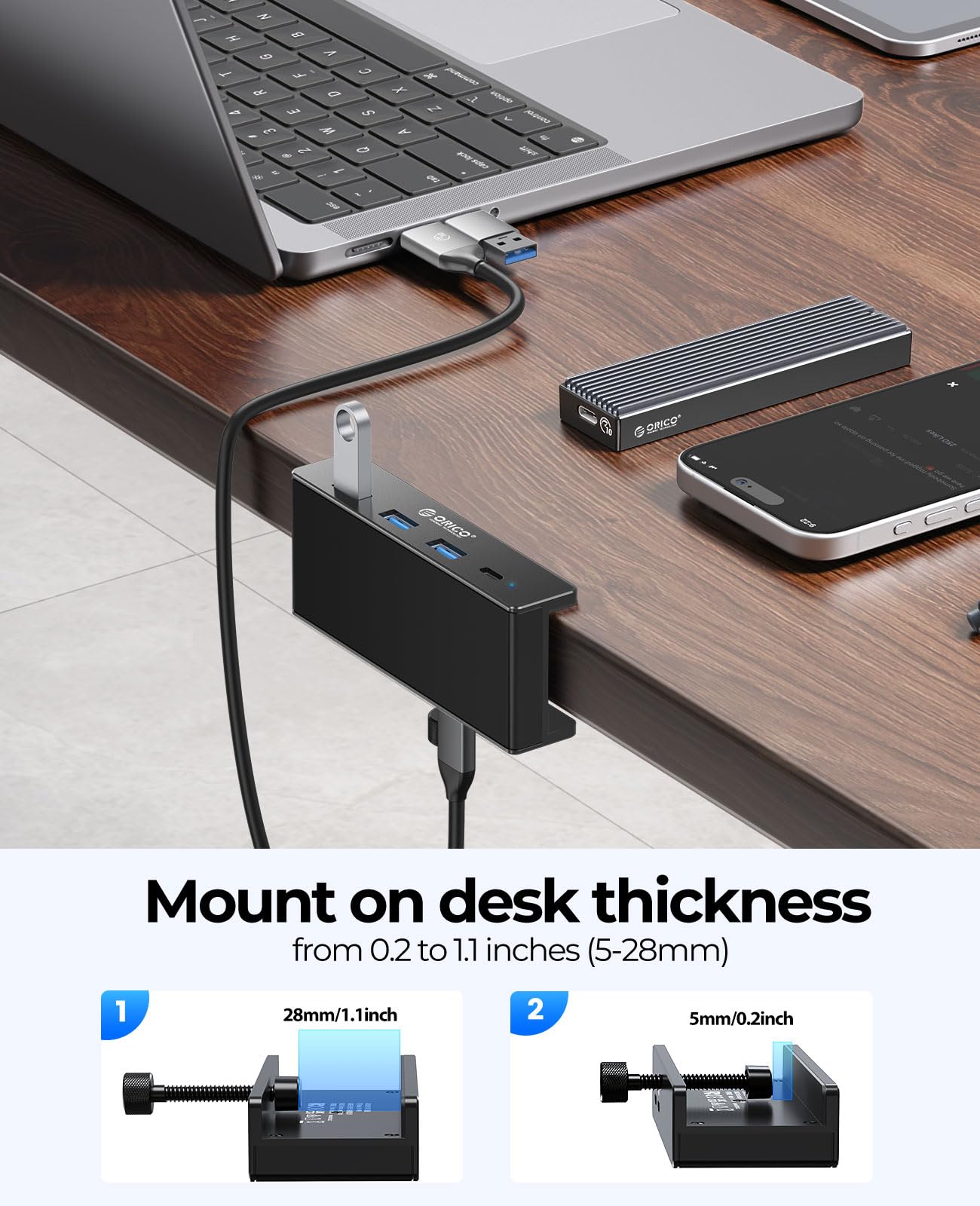 ORICO USB-Hub 3.0, Klemm-USB-Hub mit zusätzlichem Netzteilanschluss, Aluminium-USB-Adapter mit 4 Ports, 3 USB-A-Datenanschlüssen und USB-C-Anschluss für Monitore und Schreibtische (Schwarz)
