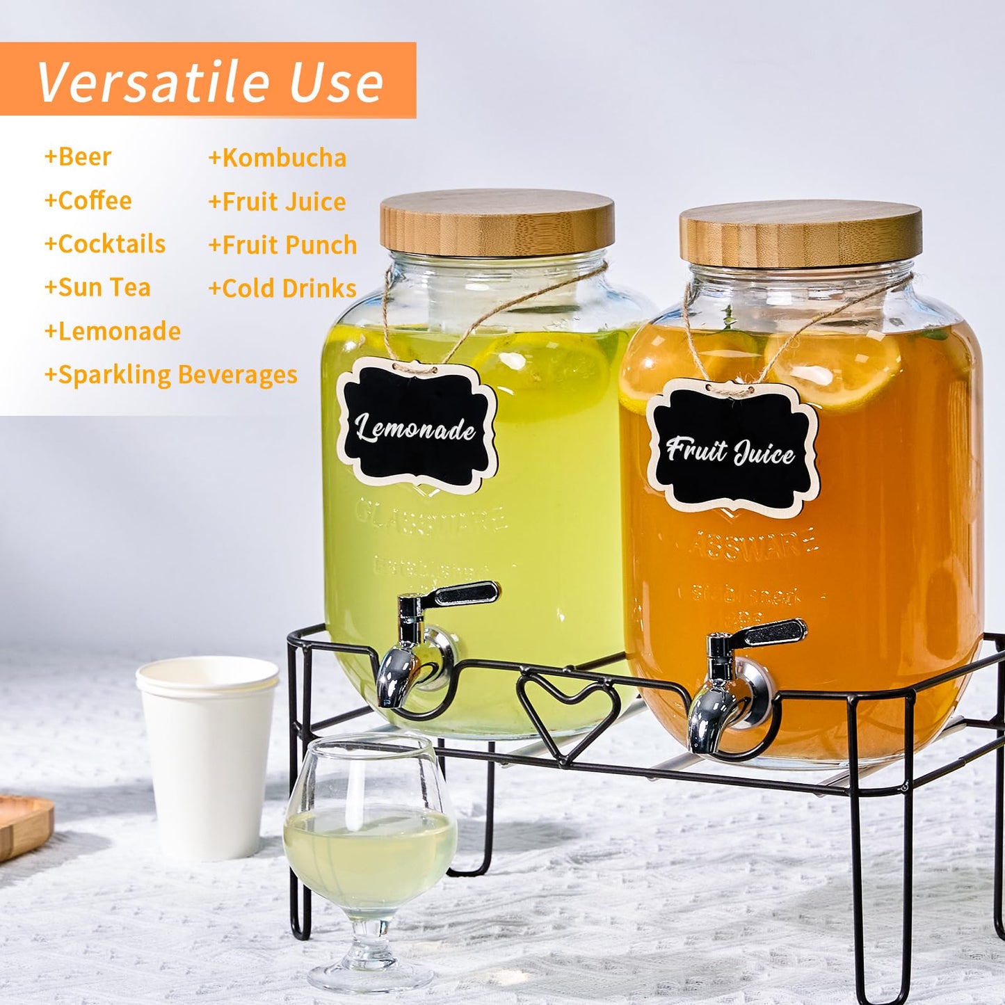 ShoreHao 2 Pack1Gallon Glass Drink Dispensers with Stand&Bamboo Lids&Fruit Infuser,304 Stainless Steel Leak-Proof Spigot,Beverage Dispenser for Parties,Water Sangria Juice Sun Tea Lemonade(Natural)