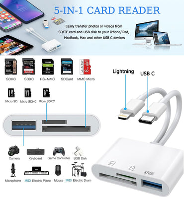 SD-Kartenleser für iPhone, iPad, USB-C- und Lightning-Dual-Port-SD-Kartenadapter, Speicherkartenleser für Kameraadapter, unterstützt SD, Micro-SD, USB 3.0, keine Treiber-App erforderlich