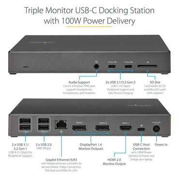 StarTech.com USB-C-Dockingstation – Dockingstation für drei 4K-Monitore mit USB Typ-C – 100 W Stromversorgung – DP 1.4 Alt Mode & DSC, 2x DisplayPort 1.4/HDMI 2.0 – 6x USB (2x 10 Gbit/s), SD – Windows/Chrome (DK31C2DHSPD)