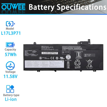 OUWEE L17L3P71 L17M3P71 Laptop-Akku, kompatibel mit Lenovo ThinkPad T480S Serie Notebook 01AV478 SB10K97620 01AV479 SB10K97621 L17M3P72 01AV480 SB10K97622, 11,58 V, 57 Wh, 4920 mAh