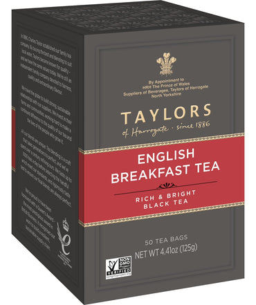 Taylors of Harrogate English Breakfast, Schwarzer Tee, Kissen-Teebeutel, 50 Stück (1 Packung), Kräftig, spritzig & malzig, koffeinhaltig, heiß oder eisgekühlt genießen, 50 Teebeutel