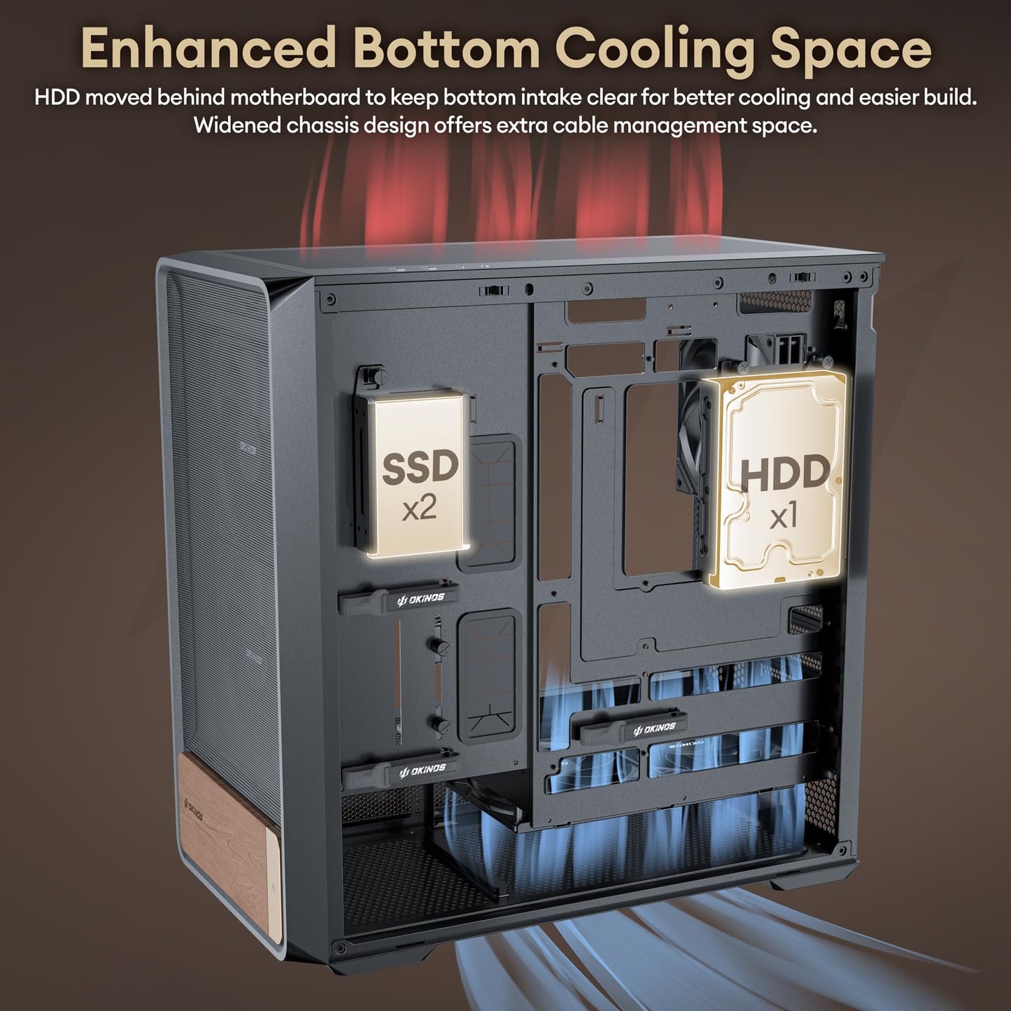 Okinos Air Cross, ATX-Gehäuse aus echtem Walnussholz, 3 × 140-mm-PWM-Lüfter & 2 × 120-mm-Reverse-PWM-Lüfter vorinstalliert, luftstromoptimierte Mesh-Paneele, kompatibel mit Mainboards mit rückseitigem Anschluss, Midi-Tower-PC-Gehäuse, USB-C-Anschluss