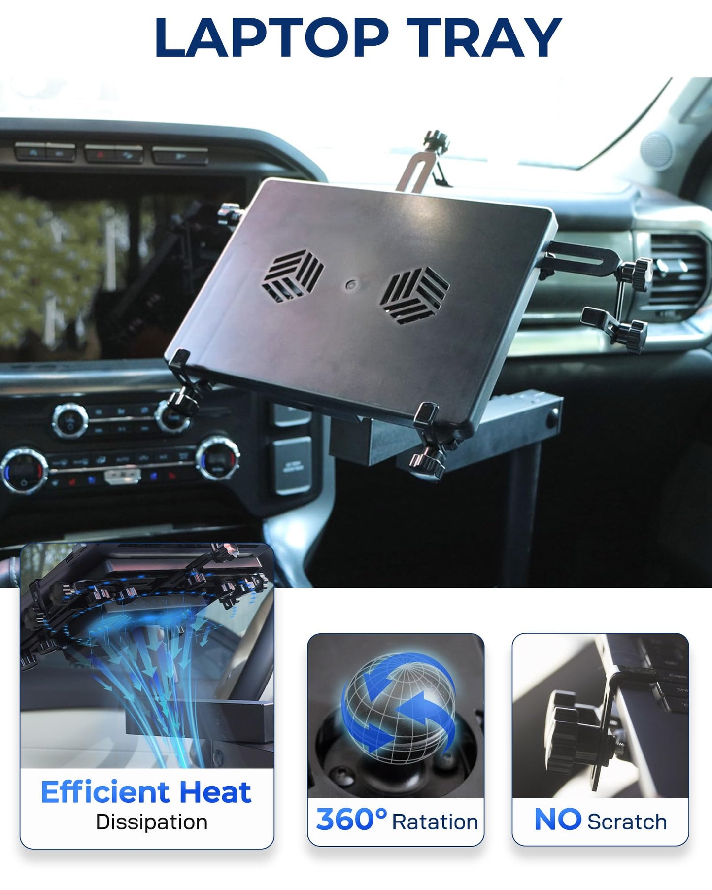 SPIRRELAB Truck Laptop Mount Fit for 19-25 Chevy Silverado, Tahoe, GMC Sierra, No-Drilling Vehicle Laptop Mount Built-in Cooling Fan Adjustable Truck Computer Stand