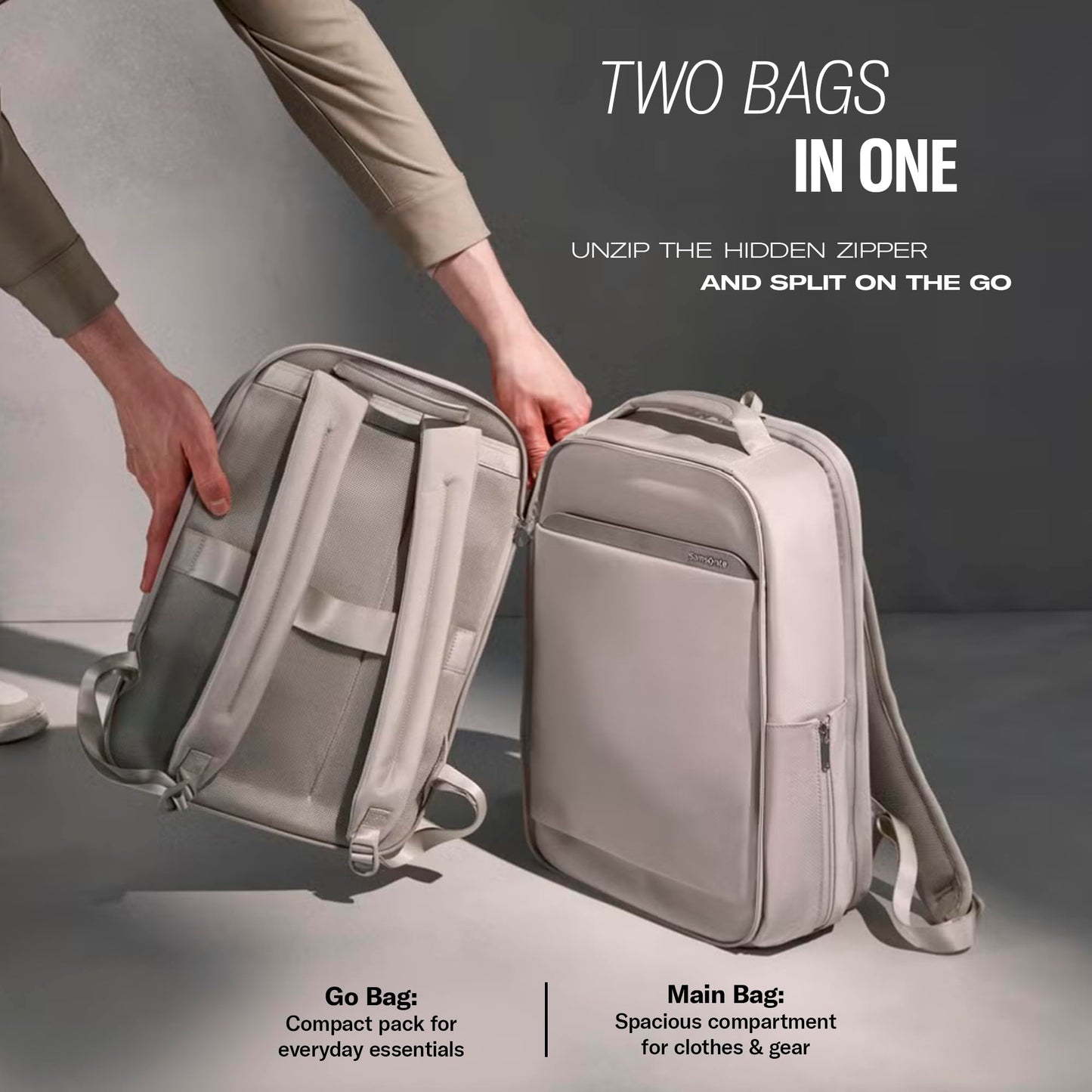 Samsonite Paralux 2-in-1 Reiserucksack, umwandelbar in Haupttasche + Notfalltasche, flach zusammenfaltbar, StackIt™-Gurt, Laptopfach & integrierter AirTag™-Halter – Business- & Abenteuerreiserucksack – Olivgrün