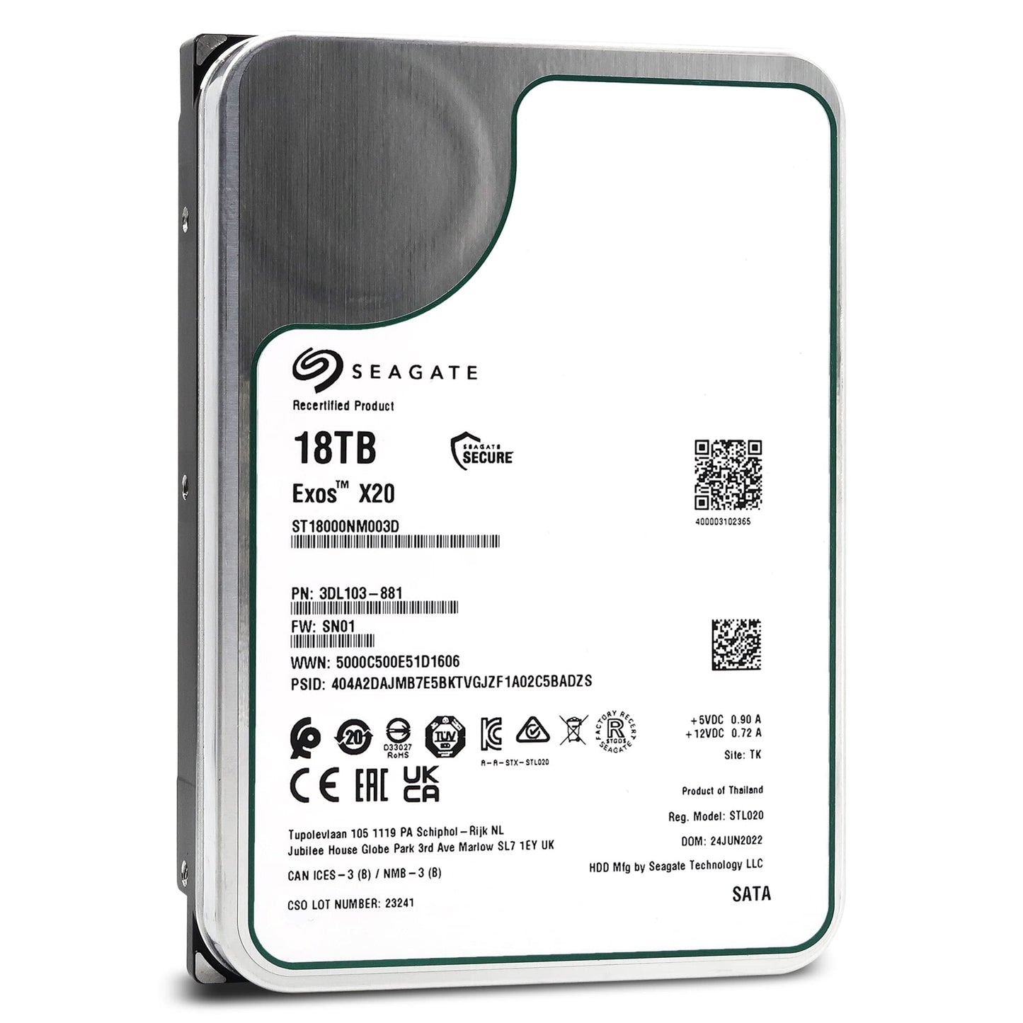Seagate Exos X20 18 TB 7200 U/min 512e SATA 6 Gbit/s 3,5" Enterprise Festplatte - ST18000NM003D (Generalüberholt)