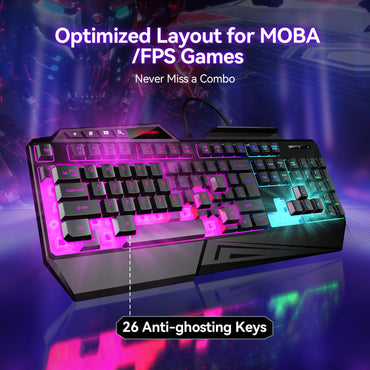 TECKNET Kabelgebundene RGB-Gaming-Tastatur – 26-Tasten-Anti-Ghosting, 13 Beleuchtungsmodi, spritzwassergeschützt, 108 Membrantasten, Plug & Play – mit ergonomischer Handballenauflage und Telefonhalterung für Windows/Mac (Schwarz)