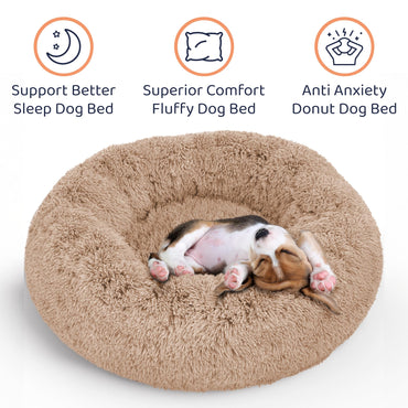 Petloox Donut Dog Bed - Premium Comfort for Anxiety Relief - Fluffy & Calming Design with Ultra-Plush Support | Cozy Round Dog Bed with Super Soft Circle Style (Size M Camel)