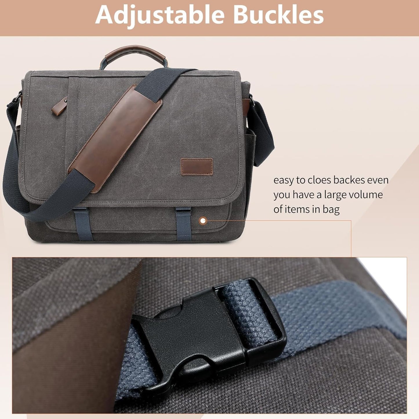 PPOBOW Canvas Messenger Bag für Herren, wasserdichte Business-Tasche für Herren, Vintage Canvas Laptoptasche (Grau)