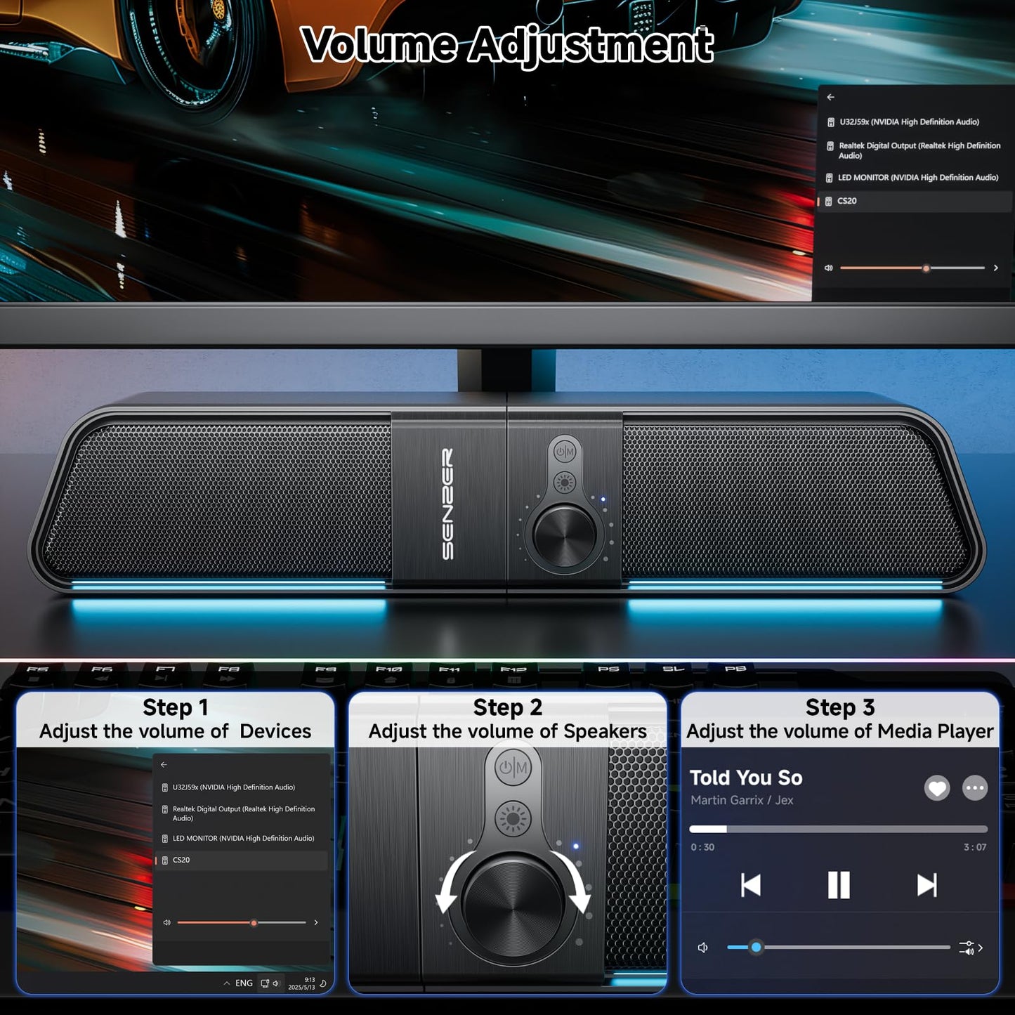 SENZER CS20 2-in-1 Bluetooth-Computerlautsprecher für Desktop-PCs, USB-Plug-&-Play-Lautsprecher mit klarem Klang, RGB-Beleuchtung, Monitor-Soundbar mit Lautstärkeregler, Gaming-Lautsprecher für PC, Laptop, Smartphone und Tablet