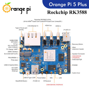 Orange Pi 5 Plus 16GB Rockchip RK3588 8-Kern 64-Bit Einplatinencomputer, 2,4 GHz Frequenz, 8K-Videodekodierung, Open Source Entwicklungsboard, läuft mit Orange Pi OS, Android, Debian, Ubuntu (OPi 5 Plus 16G)