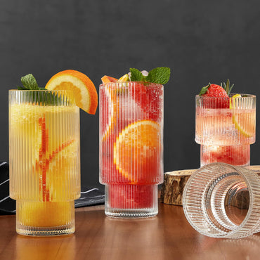 Qipecedm 6er-Pack gerippte Trinkgläser, 473 ml Vintage-Gläser, Highball-Gläser, Premium-Eiskaffeegläser, Klarglas-Tumbler, Cocktailgläser, elegante Gläser für Wasser, Saft, Whisky und Bier