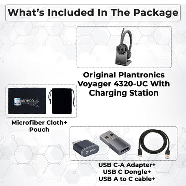 Poly Voyager 4320 UC Kabelloses Headset & Ladestation – Stereo-Kopfhörer mit geräuschunterdrückendem Mikrofonarm + Ladestation + USB-C-auf-A-Adapter + USB-C-Dongle + USB-Netzkabel + Tasche + Mikrofasertuch
