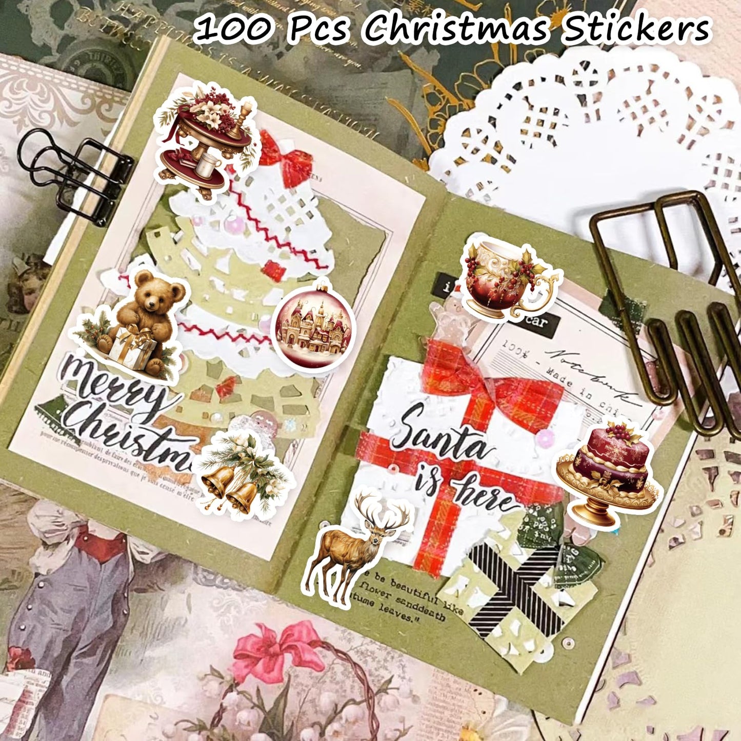 Prstincol 100 Vintage-Weihnachtsaufkleber. Wasserfeste Weihnachtsmann-Aufkleber für Scrapbooks, Junk Journals, Collagen und DIY-Bastelarbeiten. Vinyl-Winteraufkleber für Wasserflaschen, Laptops und Handyhüllen.