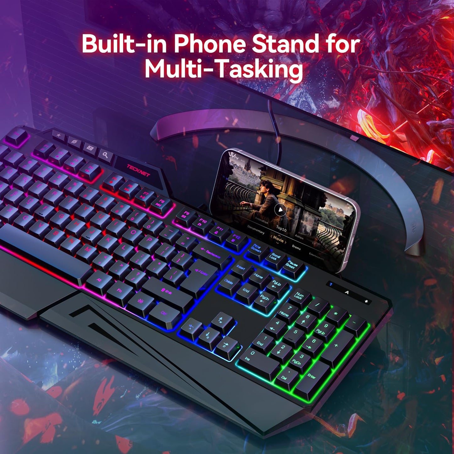 TECKNET Kabelgebundene RGB-Gaming-Tastatur – 26-Tasten-Anti-Ghosting, 13 Beleuchtungsmodi, spritzwassergeschützt, 108 Membrantasten, Plug & Play – mit ergonomischer Handballenauflage und Telefonhalterung für Windows/Mac (Schwarz)