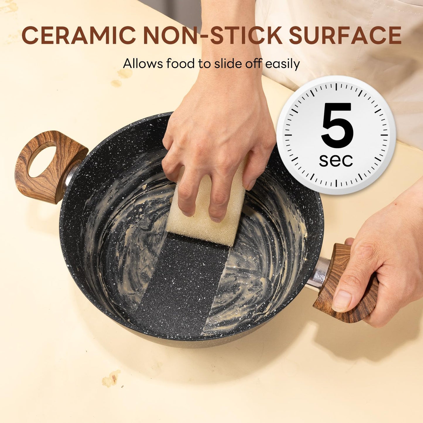 Sweetcrispy 17-teiliges Antihaft-Kochset mit Töpfen und Pfannen, ungiftig, mit kühl bleibenden Griffen, Naturschwarz