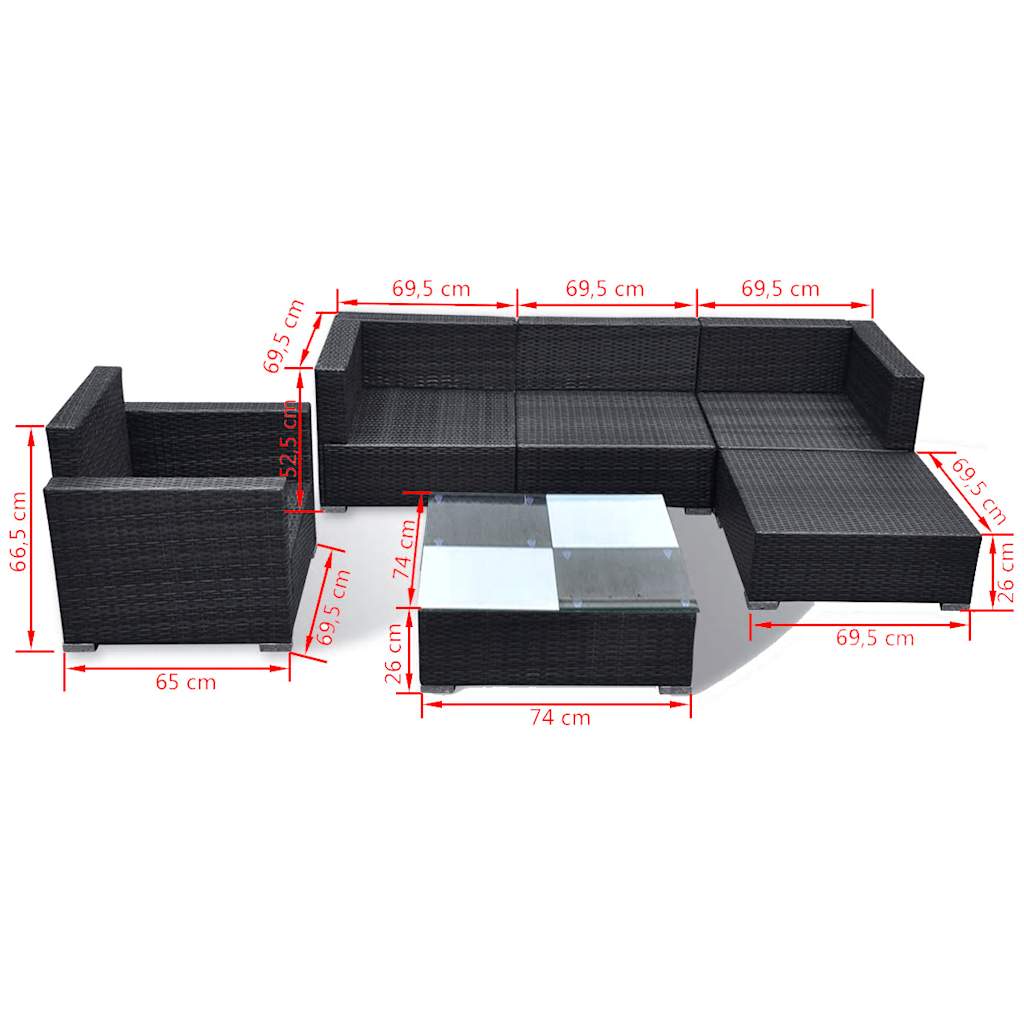 6-tlg. Garten-Lounge-Set mit Kissen Poly Rattan Schwarz