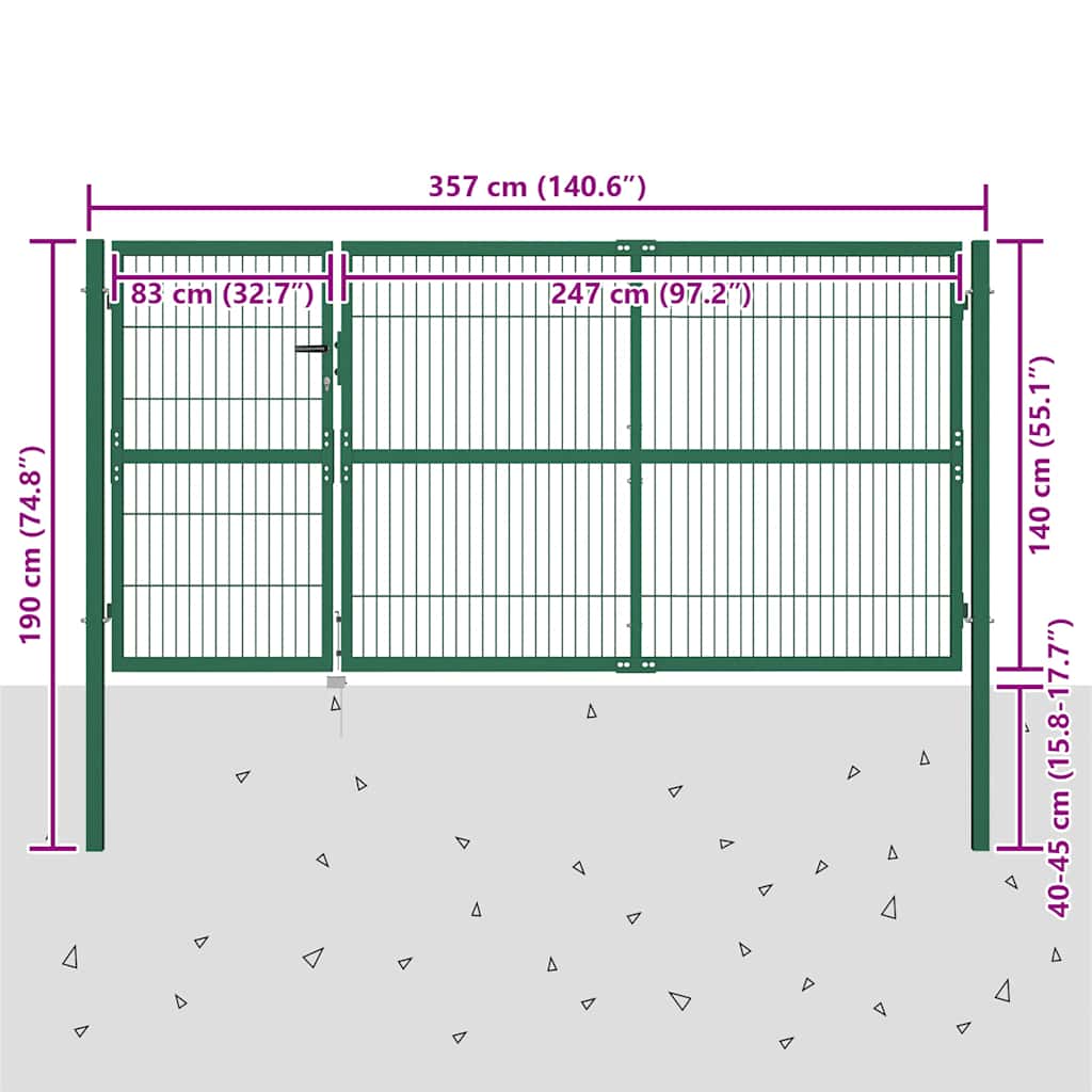Gartentor mit Pfosten 350x140 cm Stahl Grün