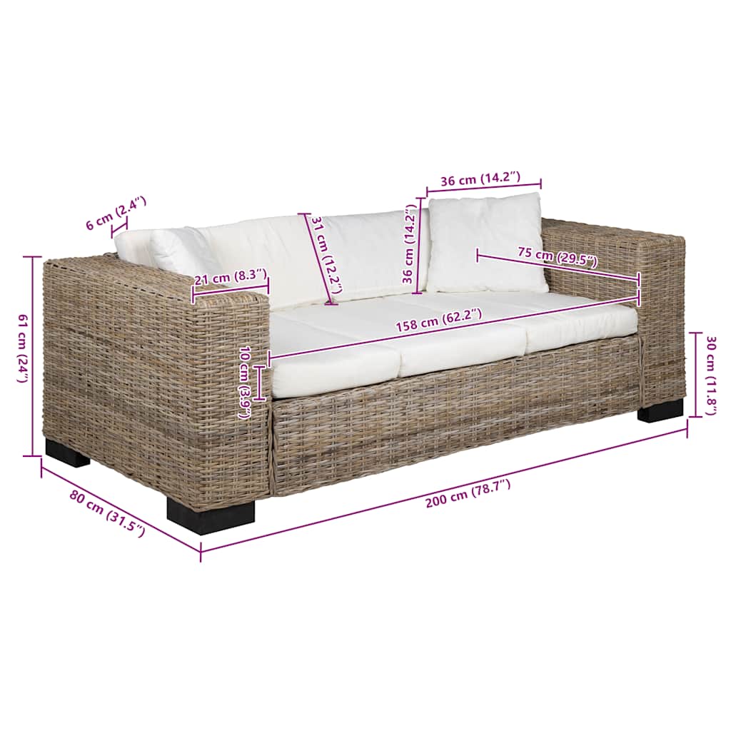 vidaXL 3-Sitzer Sofa Echtes Rattan