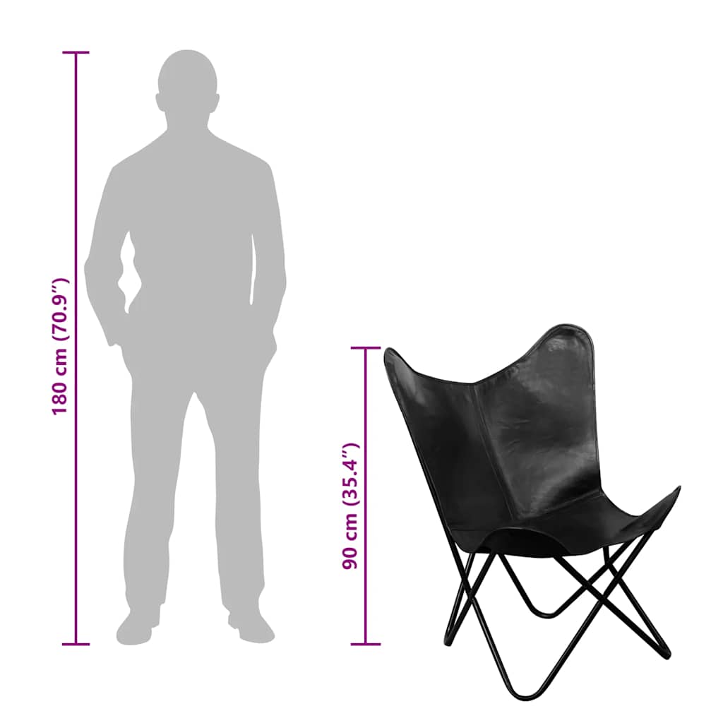 vidaXL Butterfly-Sessel Schwarz Echtleder