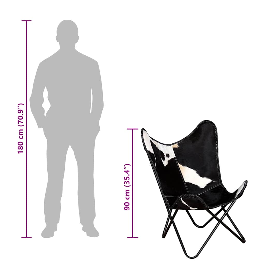 vidaXL Butterfly-Sessel Schwarz und Weiß Echtes Kuhfell