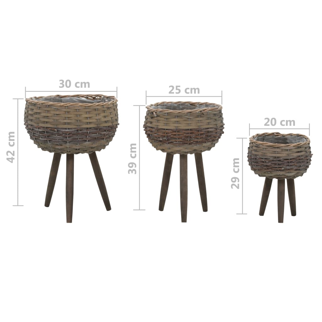 vidaXL Jardinières 3 pcs. Osier avec doublure en PE