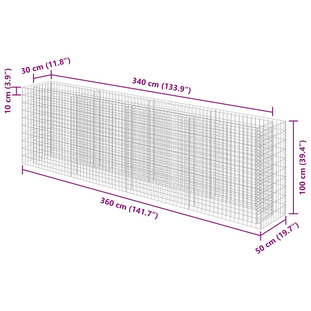 vidaXL Gabionen-Hochbeet Verzinkter Stahl 360×50×100 cm