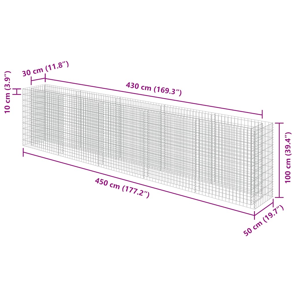 vidaXL Gabionen-Hochbeet Verzinkter Stahl 450×50×100 cm